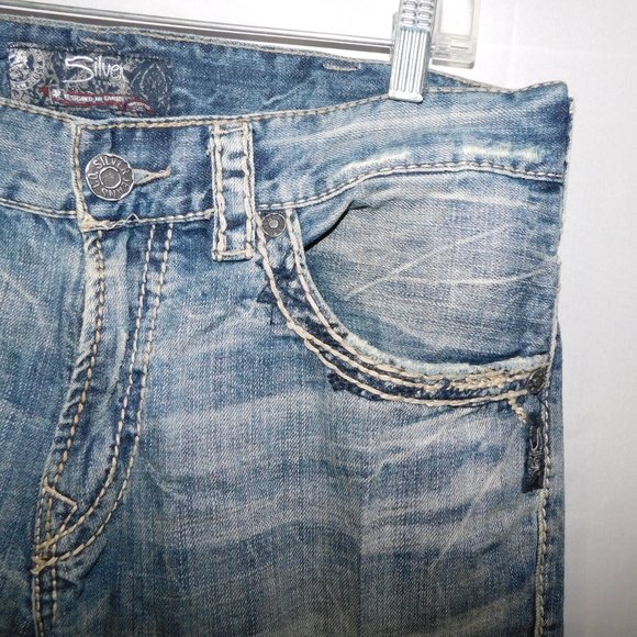 Silver Mens 34 / 32 Flap Jeans Blue Loose Fit Straight Leg Distressed - Picture 7 of 15